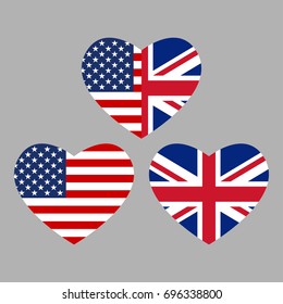 US and UK flags icon in the heart shape. American and British friendship symbol. Vector illustration.