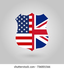 US and UK flags icon in the shape of a police badge.. American and British friendship symbol. Vector illustration.