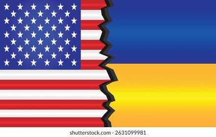 The US and Ukraine flags split by a jagged line, symbolizing geopolitical conflict, unity, and tension. A powerful visual representing international relations. Editable vector EPS Available