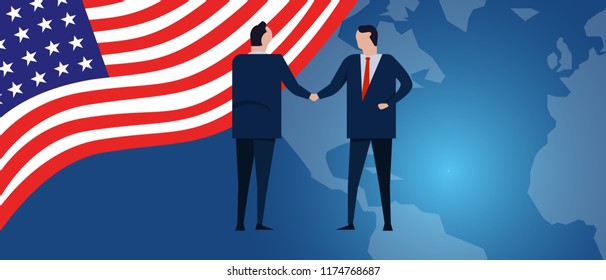 US United States of America international partnership. Diplomacy negotiation. Business relationship agreement handshake. Country flag and map. Corporate Global business investment. Vector