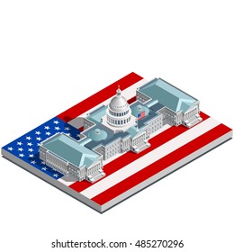 Us Usa Election infographic.Democrat Republican party convention hall.Us Washington DC capitol dome latest news vote pools 3D flat isometric building senate congress tribune auditorium.Vector Image