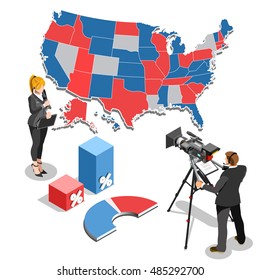 Us Usa Map Election News infographic. Democrat Republican convention hall. Party presidential debate endorsement. Trump rally 3D flat senate congress tribune pedestal auditorium audience Vector Image