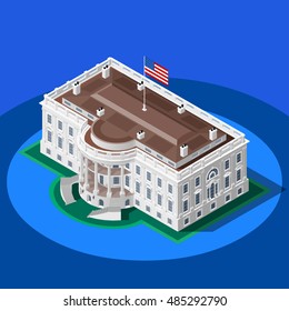 Us Usa president Election infographic. Democrat Republican party convention hall.  Washington DC white house latest vote news 3D flat isometric building senate congress tribune auditorium Vector Image