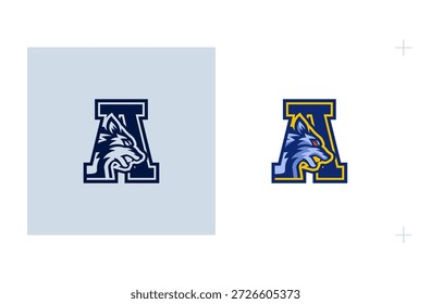 Logotipo A de estilo universitario estadounidense con emblema de lobo para atletismo universitario. Aislado sobre fondo blanco.