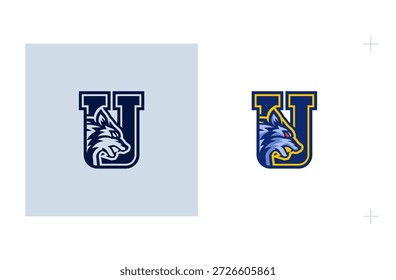 U-Logo de estilo universitario estadounidense con símbolo de lobo para deportes universitarios. Aislado sobre fondo blanco.