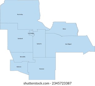 US Albuquerque–Santa Fe–Las Vegas combined statistical area CSA map in New Mexico, with 8 counties including Bernalillo, Los Alamos, Rio Arriba, Sandoval, San Miguel, Santa Fe, Torrance, Valencia