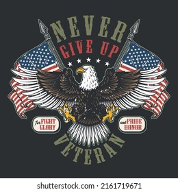 US veteran colorful poster vintage bald eagle with national flags symbol army and fighters text never give up vector illustration