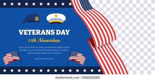 US Veterans Day background. Happy Veterans Day. American flags. US Flag. November 11. Vector illustration. Poster, Banner, Greeting Card, Flyer, Card, cover, Template. post. honoring military veterans