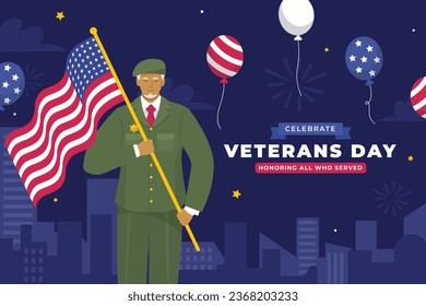 US Veterans Day Hintergrund. Fröhlicher Veteranentag. Amerikanische Flaggen. US-Flagge. 11. November. Vektorgrafik. Poster, Banner, Grußkarte, Flyer, Karte, Cover, Vorlage. posten. Ehrung militärischer Veteranen