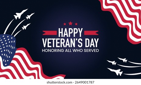 US Veterans Day background. Happy Veterans Day celebration with American flags on blue halftone background.Vector illustration