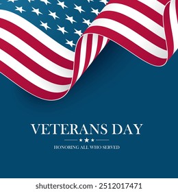 Tarjeta de celebración del Día del Veterano de los Estados Unidos. Fondo festivo del Día de los Veteranos de los Estados Unidos con la bandera estadounidense ondeando. Ilustración vectorial.