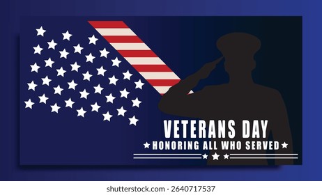 US Veterans Day greeting card with the national flag of the United States. Honoring all who have fought for the nation. Vector illustration of the national holiday of the United States.