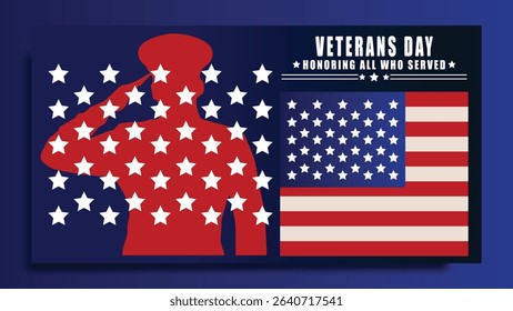US Veterans Day greeting card with the national flag of the United States. Honoring all who have fought for the nation. Vector illustration of the national holiday of the United States.