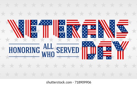 US Veterans Day greeting card. Text made of interlaced ribbons with USA flag's stars and stripes. Vector illustration.