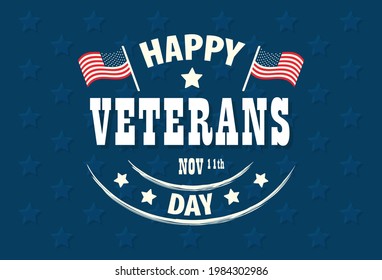 US Veterans day logo. Vector illustration with celebration text, USA flag, stars isolated on navy background. Typography poster for American national holiday. Icon, postcard, badge design