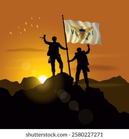 Us Virgin Islands flag, silhouette of two climbers holding flags at sunset