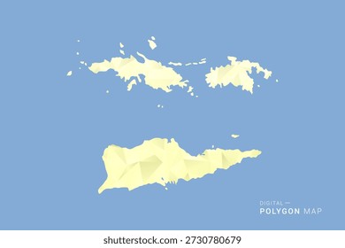 Mapa de las Islas Vírgenes de EE. UU. En estilo de Vector de polígono bajo, ilustración de forma geométrica con tonos amarillos suaves sobre fondo azul, silueta limpia para infografía.