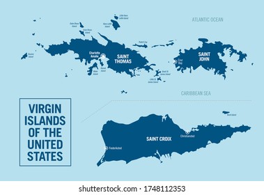 U.S. Virgin Islands of the United States political map. Detailed illustration with isolated islands and cities, easy to ungroup. Vector illustration.