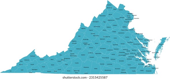 US Virginia county map with 136 Counties and Cities’ Names and Boundaries, all text in one layer could be hidden.