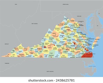 US Virginia State County Map with 95 counties and 38 independent cities