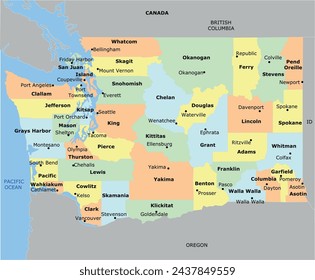 US Washington State Map with 39 counties