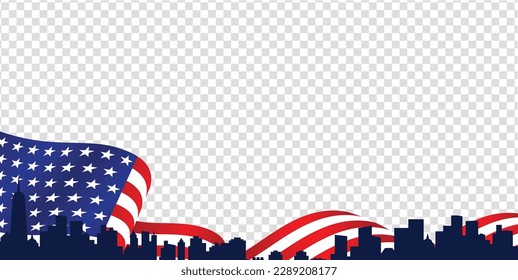 Us waving Flag empty, blank transparent background template with united states of america cityscape illustration. Vector design.