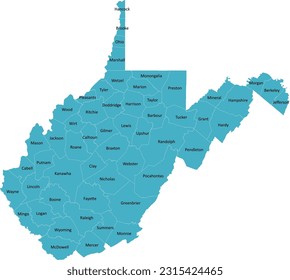 US West Virginia county map with 55 Counties’ Names and Boundaries, all text in one layer could be hidden.