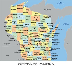 US Wisconsin State Map with 72 counties