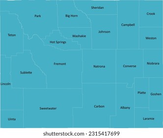 US Wyoming State Map with 23 County Names and Boundaries, all text in one layer could be hidden.