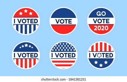 USA 2020 voting icons. Set of circle flat stickers with I voted quote in red and blue, stars and stripes. Round american elections labels. Concept of responsibility