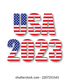 USA 2023 inscription with shadow isolated on white background. American flag.
