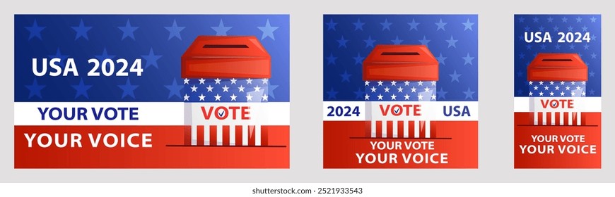 USA 2024 banner with ballot box set. Voting campaign concept.