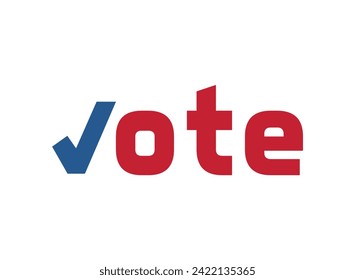 USA 2024 election vector: Vote text in bold, with checkmark as 'V' in red and blue, symbolizing American electoral participation