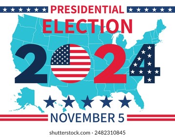 USA 2024 Presidential Election background with US flag colors design and map. Election event banner, card, poster, template, voting communication background. Vote day, November 5. Vector illustration.