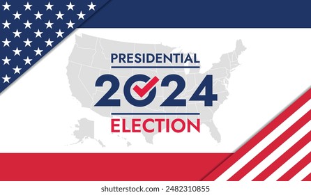 Fondo de las elecciones presidenciales de USA 2024 con diseño de colores de la bandera estadounidense. Anuncio del evento electoral, tarjeta, afiche, Plantilla, comunicación de votación, antecedentes. Mapa de Estados Unidos. Ilustración vectorial.