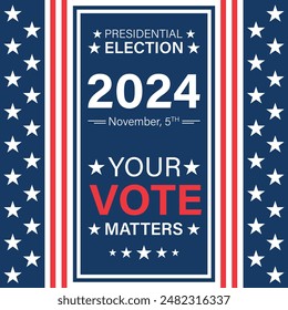 USA 2024 Presidential Election background with American flag colors design. Election event banner, card, poster, template, voting communication, background. Vote day, November 5. Vector illustration.