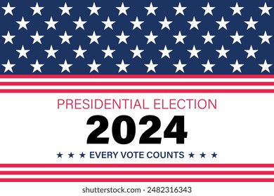 Fondo de las elecciones presidenciales de USA 2024 con diseño de colores de la bandera estadounidense. Anuncio del evento electoral, tarjeta, afiche, Plantilla, comunicación de votación, antecedentes. Día de la votación, 5 de noviembre. Ilustración vectorial.