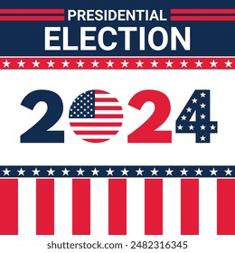 Fondo de las elecciones presidenciales de USA 2024 con diseño de colores de la bandera estadounidense. Anuncio del evento electoral, tarjeta, afiche, Plantilla, comunicación de votación, antecedentes. Día de la votación, 5 de noviembre. Ilustración vectorial.