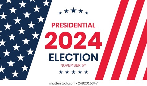 Fondo de las elecciones presidenciales de USA 2024 con diseño de colores de la bandera estadounidense. Anuncio del evento electoral, tarjeta, afiche, Plantilla, comunicación de votación, antecedentes. Día de la votación, 5 de noviembre. Ilustración vectorial.