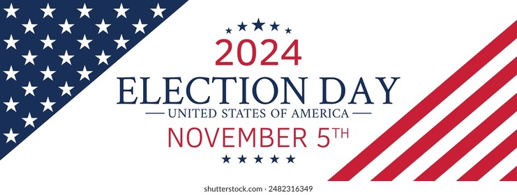 USA 2024 Presidential Election background with American flag colors design. Election event banner, card, poster, template, voting communication, background. Vote day, November 5. Vector illustration.