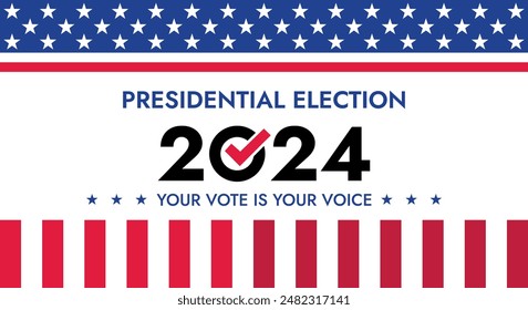 USA 2024 Presidential Election background with American flag colors design. Election event banner, card, poster, template, voting communication, background. Vote day, November 5. Vector illustration.