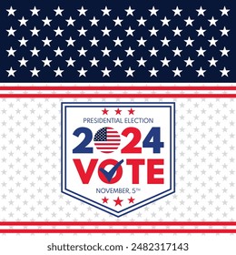 USA 2024 Presidential Election background with American flag colors design. Election event banner, card, poster, template, voting communication, background. Vote day, November 5. Vector illustration.