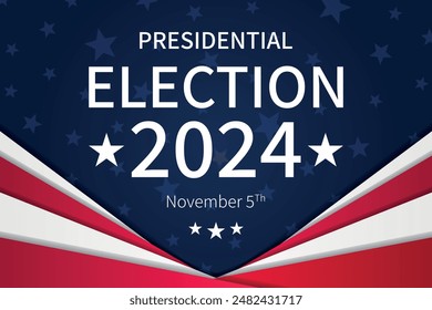 Fondo de las elecciones presidenciales de USA 2024 con diseño de colores de la bandera estadounidense. Anuncio del evento electoral, tarjeta, afiche, Plantilla, comunicación de votación, antecedentes. Día de la votación, 5 de noviembre. Ilustración vectorial.