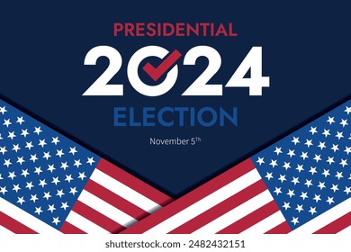 Fondo de las elecciones presidenciales de USA 2024 con diseño de colores de la bandera estadounidense. Anuncio del evento electoral, tarjeta, afiche, Plantilla, comunicación de votación, antecedentes. Día de la votación, 5 de noviembre. Ilustración vectorial.