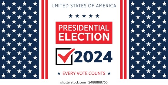 Fondo de las elecciones presidenciales de USA 2024 con diseño de colores de la bandera estadounidense. Anuncio del evento electoral, tarjeta, afiche, Plantilla, comunicación de votación, antecedentes. Día de la votación, 5 de noviembre. Ilustración vectorial.