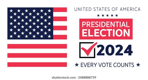 Fondo de las elecciones presidenciales de USA 2024 con diseño de colores de la bandera estadounidense. Anuncio del evento electoral, tarjeta, afiche, Plantilla, comunicación de votación, antecedentes. Día de la votación, 5 de noviembre. Ilustración vectorial.