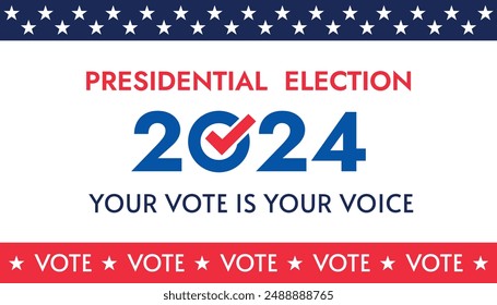 USA 2024 Presidential Election background with American flag colors design. Election event banner, card, poster, template, voting communication, background. Vote day, November 5. Vector illustration.