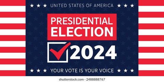 Fondo de las elecciones presidenciales de USA 2024 con diseño de colores de la bandera estadounidense. Anuncio del evento electoral, tarjeta, afiche, Plantilla, comunicación de votación, antecedentes. Día de la votación, 5 de noviembre. Ilustración vectorial.