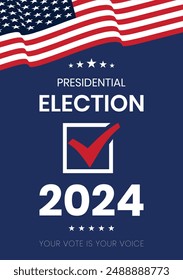 USA 2024 Presidential Election background with American flag colors design. Election event banner, card, poster, template, voting communication, background. Vote day, November 5. Vector illustration.