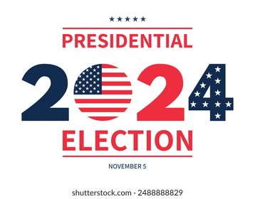 Fondo de las elecciones presidenciales de USA 2024 con diseño de colores de la bandera estadounidense. Anuncio del evento electoral, tarjeta, afiche, Plantilla, comunicación de votación, antecedentes. Día de la votación, 5 de noviembre. Ilustración vectorial.